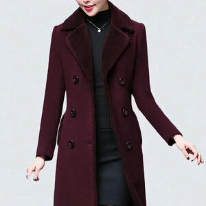 Purple Casual Women's Stylish Double-Breasted Notched Lapel Midi Pea Coat